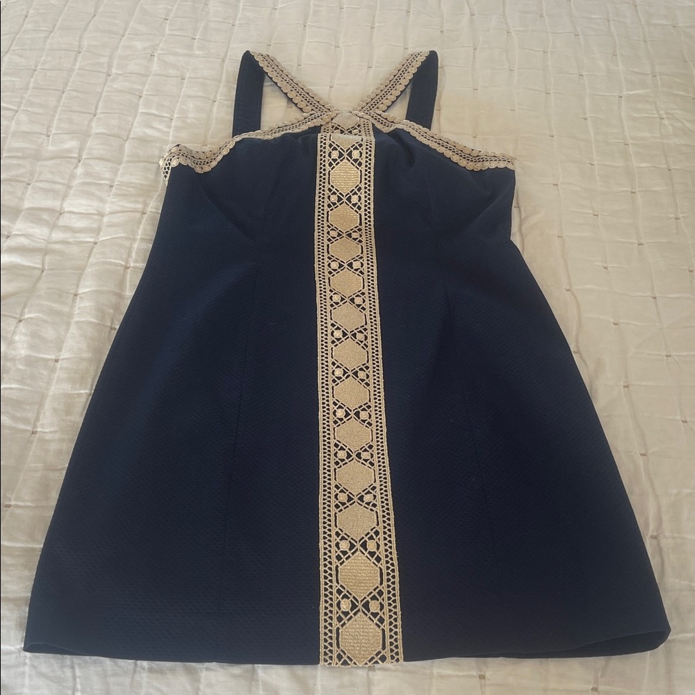 Lilly Pulitzer Navy cocktail dress with Gold Detailing